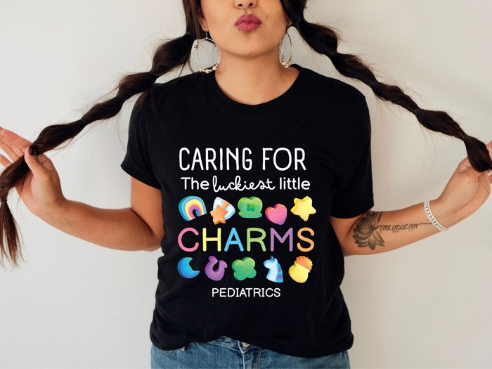 Caring for the Luckiest Little Charms St. Patrick's Day Pediatrics Peds Nurse Soft Cozy Longer Length Unisex Graphic Tee T-shirt