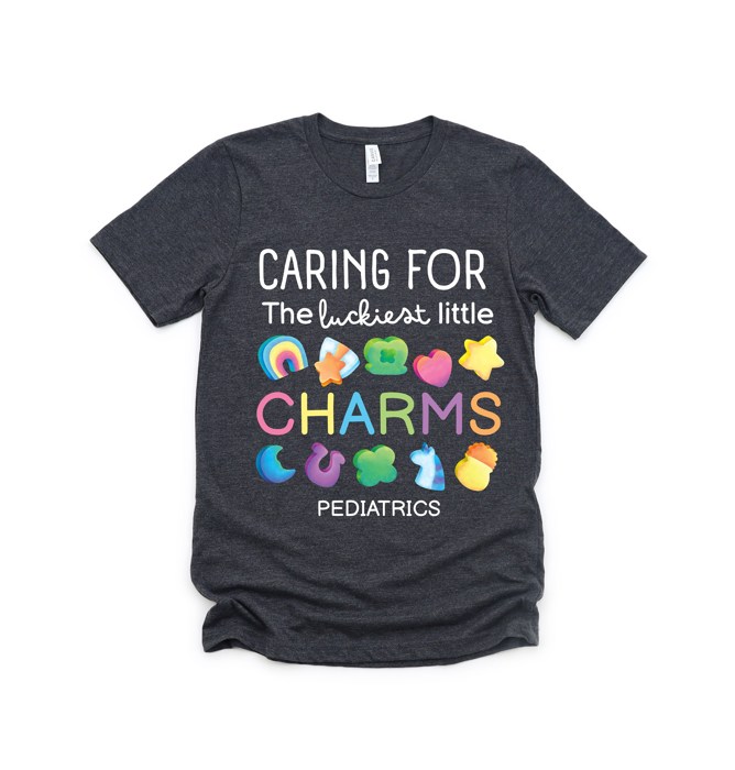 Caring for the Luckiest Little Charms St. Patrick's Day Pediatrics Peds Nurse Soft Cozy Longer Length Unisex Graphic Tee T-shirt