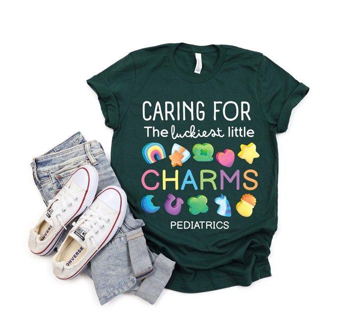 Caring for the Luckiest Little Charms St. Patrick's Day Pediatrics Peds Nurse Soft Cozy Longer Length Unisex Graphic Tee T-shirt