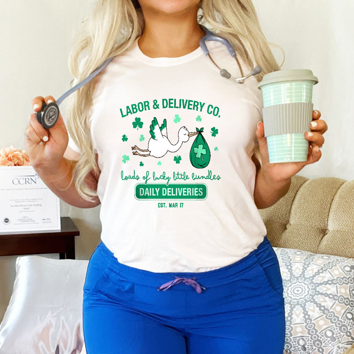 Labor and Delivery Co. St. Patrick's Day Delivery Stork Nurse Doctor Medical Soft Cozy Longer Length Unisex Graphic Tee T-shirt