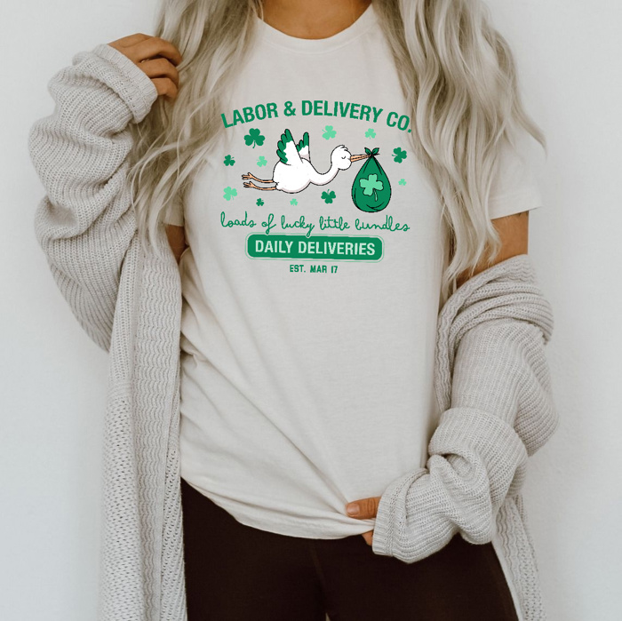 Labor and Delivery Co. St. Patrick's Day Delivery Stork Nurse Doctor Medical Soft Cozy Longer Length Unisex Graphic Tee T-shirt