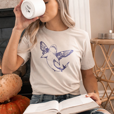 Butterfly Shark. Whimsical Wings of the Ocean Soft Cozy Longer Length Unisex Graphic Tee T-shirt