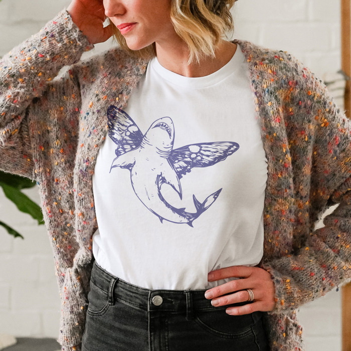 Butterfly Shark. Whimsical Wings of the Ocean Soft Cozy Longer Length Unisex Graphic Tee T-shirt