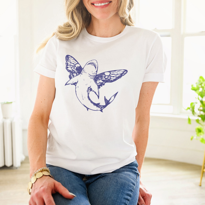 Butterfly Shark. Whimsical Wings of the Ocean Soft Cozy Longer Length Unisex Graphic Tee T-shirt