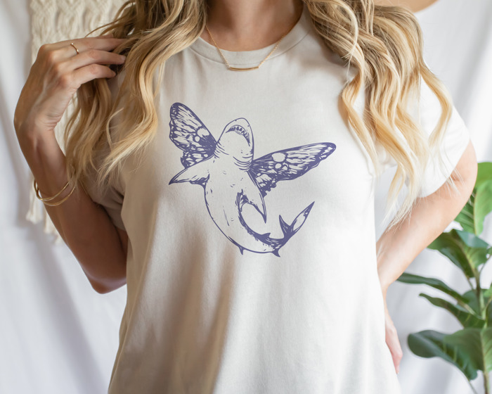 Butterfly Shark. Whimsical Wings of the Ocean Soft Cozy Longer Length Unisex Graphic Tee T-shirt