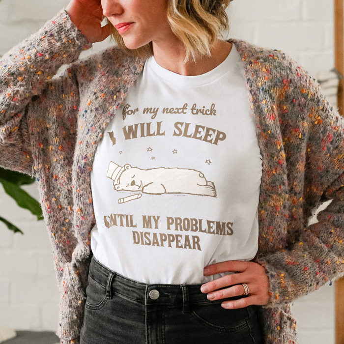 For my next trick, I will sleep until my problems dissapear. Sleep Spell: The Art of Problem Disappearance Soft Cozy Longer Length Unisex Graphic Tee T-shirt