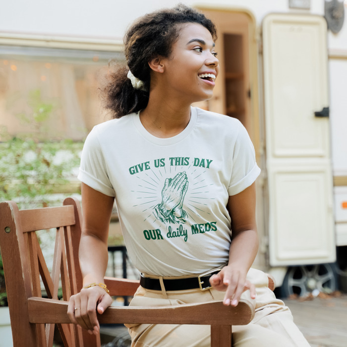 Give us this day our daily meds (funny prayer parody) Divine Prescription: Daily Meds Soft Cozy Longer Length Unisex Graphic Tee T-shirt