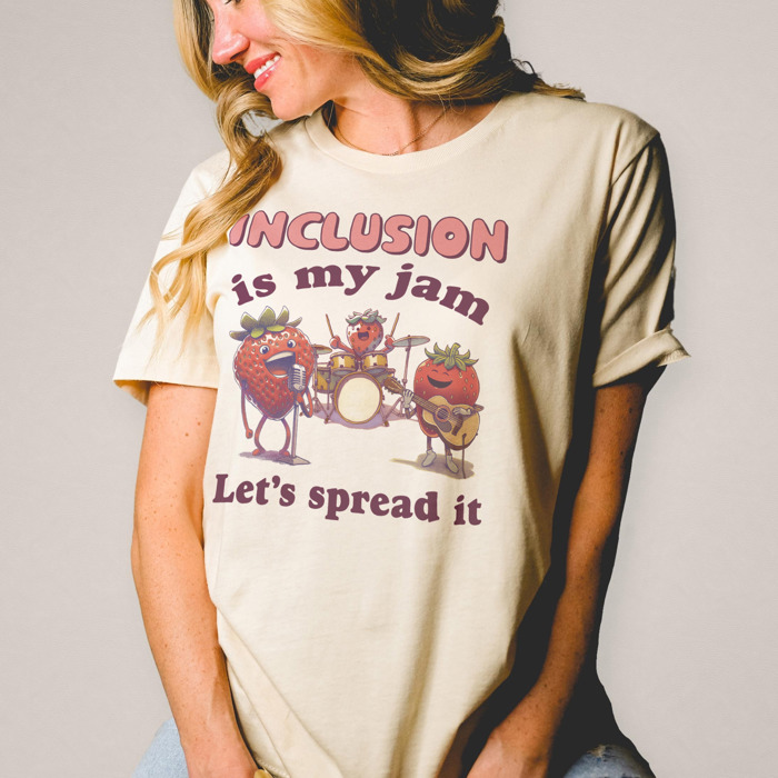 Inclusion is my jam, let's spread it. Strawberry Jamboree: Celebrating Inclusion Soft Cozy Longer Length Unisex Graphic Tee T-shirt