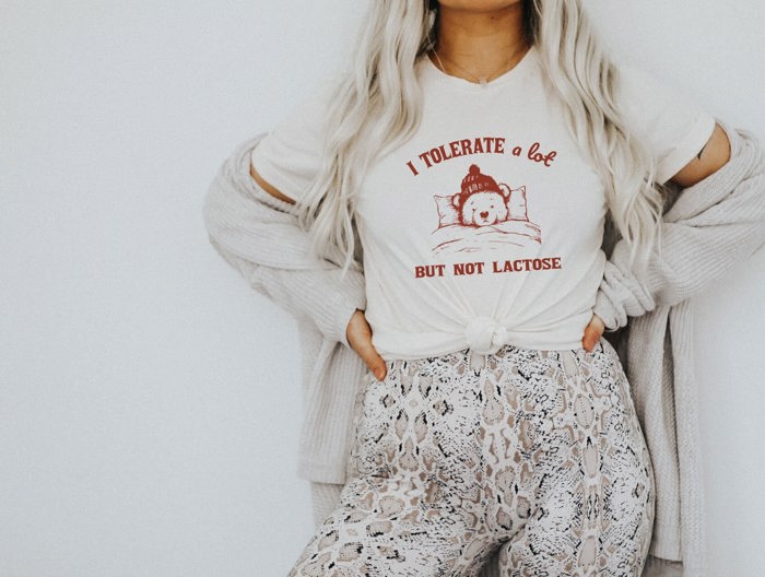 I Tolerate A Lot, But Not Lactose Intolerant Funny Cute Sarcastic Teddy Bear Soft Cozy Longer Length Unisex Graphic Tee T-shirt