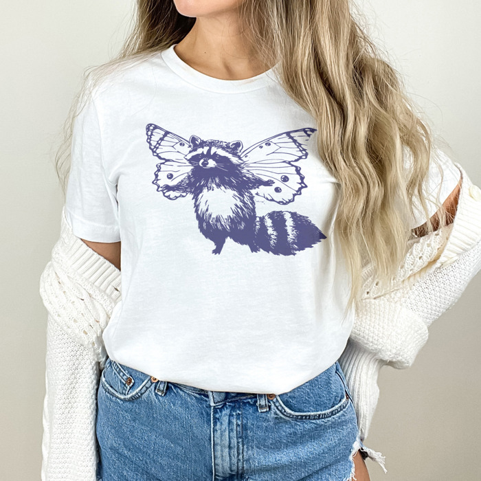 Whimsical Harmony: Raccoon Butterfly Fusion Soft Cozy Longer Length Unisex Graphic Tee T-shirt