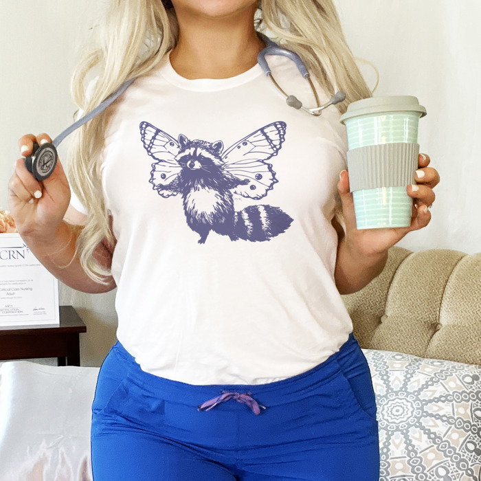 Whimsical Harmony: Raccoon Butterfly Fusion Soft Cozy Longer Length Unisex Graphic Tee T-shirt