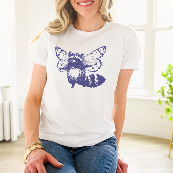 Whimsical Harmony: Raccoon Butterfly Fusion Soft Cozy Longer Length Unisex Graphic Tee T-shirt