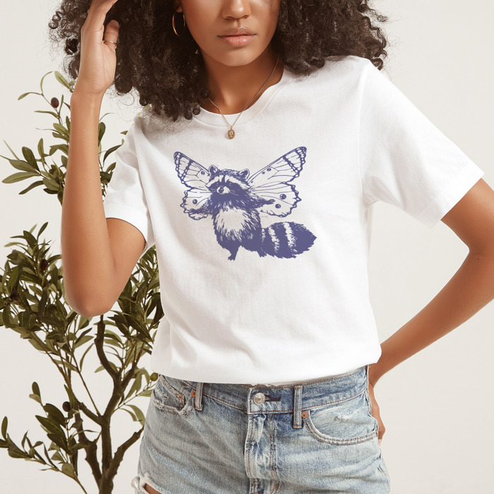 Whimsical Harmony: Raccoon Butterfly Fusion Soft Cozy Longer Length Unisex Graphic Tee T-shirt