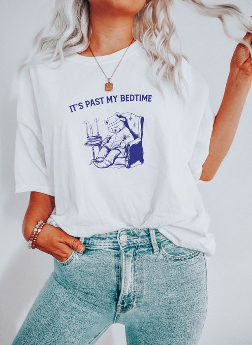 It's Past My Bedtime Cute Storytime Papa Bear in a Chair With Books Funny Cute Sarcastic Soft Cozy Longer Length Unisex Graphic Tee T-shirt