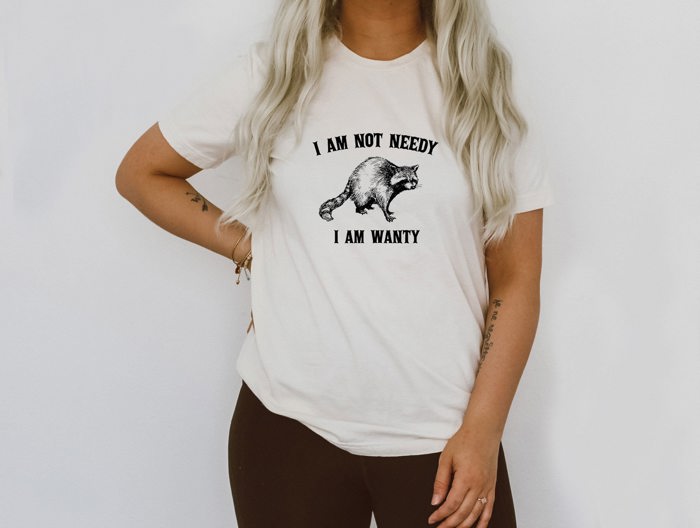 I'm Not Needy I'm Wanty Silly Raccoon Trash Panda Funny Cute Sarcastic Soft Cozy Longer Length Unisex Graphic Tee T-shirt