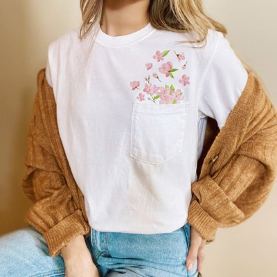 Faux Embroidery Cherry Blossoms Spring Flowers Pocket Unisex Heavyweight Comfort Tee