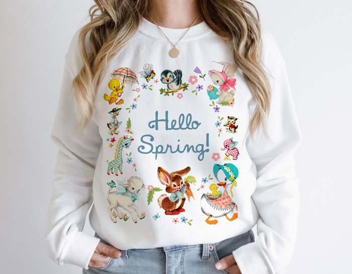 Springtime Delights: Say Hello to Spring! Vintage Nostalgia Soft Unisex Graphic Sweatshirt Print