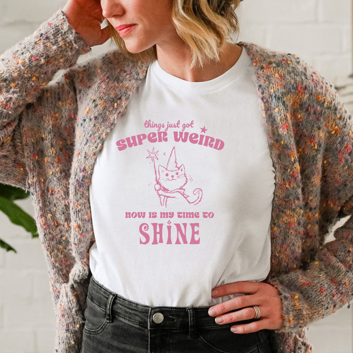 Super Weird Cat Magic: It's My Time to Shine! Soft Cozy Longer Length Unisex Graphic Tee T-shirt