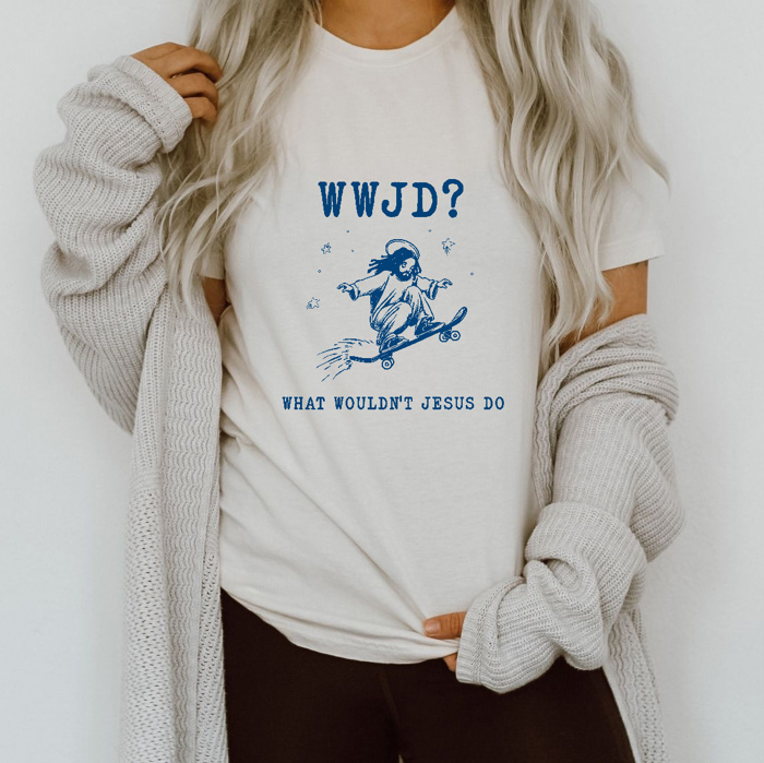 Skate with Faith: What Wouldn't Jesus Do? Soft Cozy Longer Length Unisex Graphic Tee T-shirt