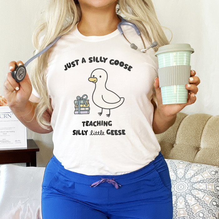 Just a Silly Goose Teaching Silly Little Geese Soft Cozy Longer Length Unisex Graphic Tee T-shirt