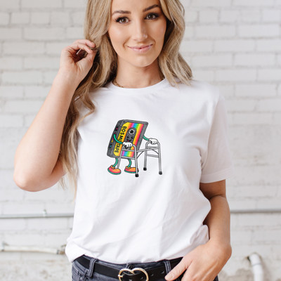 80S MIXTAPE | Retro Rhythms Taking a Stroll Soft Cozy Longer Length Unisex Graphic Tee T-shirt