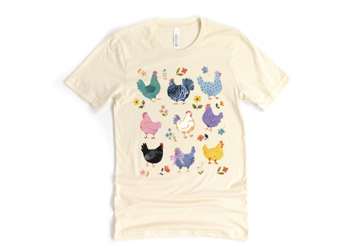 Cute Colorful Chickens with Flowers | A Flock of Whimsy: Chickens in Bloom Soft Cozy Longer Length Unisex Graphic Tee T-shirt