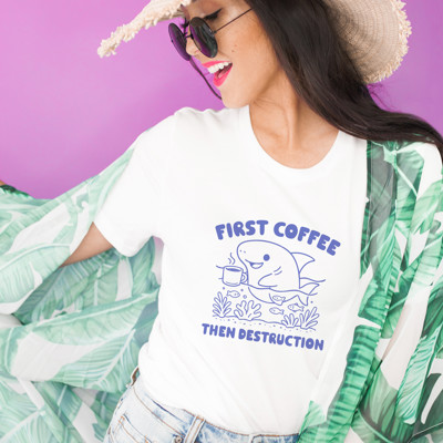 FIRST COFFEE THEN DESTRUCTION | Sipping Coffee Before Chaos Unleashed Soft Cozy Longer Length Unisex Graphic Tee T-shirt
