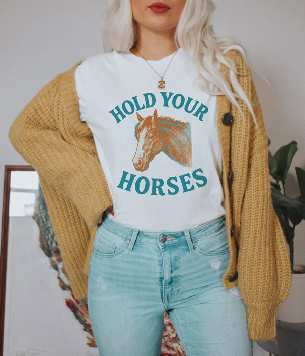 HOLD YOUR HORSES | Giddy Up and Wait! Soft Cozy Longer Length Unisex Graphic Tee T-shirt
