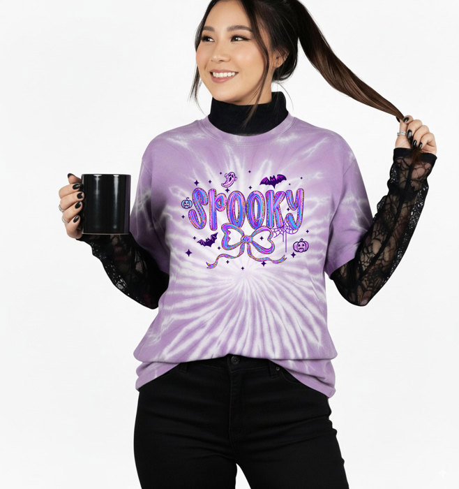 Spooky Purple Bow Tie Dyed Hallween Fall Bats and Ghosts - 100 Percent Cotton Goodness T-Shirt