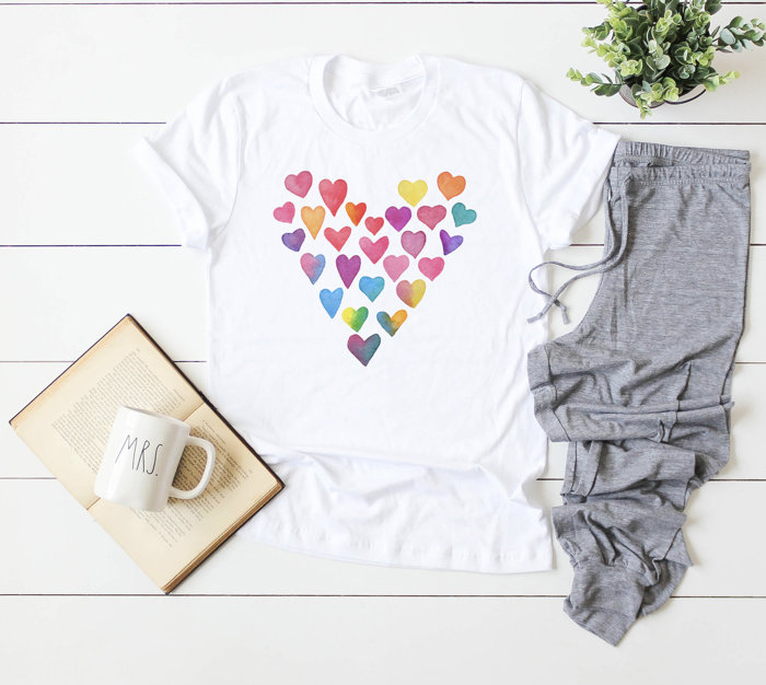 Artsy Watercolor 25 Hearts Soft Unisex Graphic Tee T-shirt