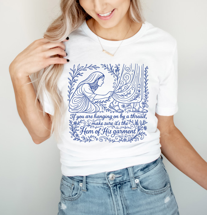 If you are hanging on by a thread, make sure it's the Hem of His garment | Clinging to Hope: A Grasp of Faith Soft Cozy Longer Length Unisex Graphic Tee T-shirt