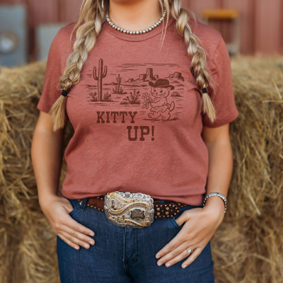 KITTY UP! | Saddle Up for a Purr-fect Adventure! Soft Cozy Longer Length Unisex Graphic Tee T-shirt