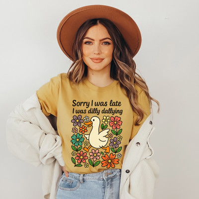 Sorry I was late I was dilly dallying | Quirky Wanderer: A Duck's Delightful Delay Soft Cozy Longer Length Unisex Graphic Tee T-shirt