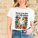  Sorry I was late I was dilly dallying | Quirky Wanderer: A Duck's Delightful Delay Soft Cozy Longer Length Unisex Graphic Tee T-shirt