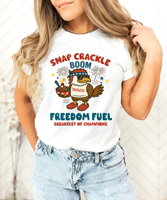 SNAP CRACKLE BOOM | FREEDOM FUEL BREAKFAST OF CHAMPIONS | AMERICAN SPIRIT IN EVERY BITE Soft Cozy Longer Length Unisex Graphic Tee T-shirt