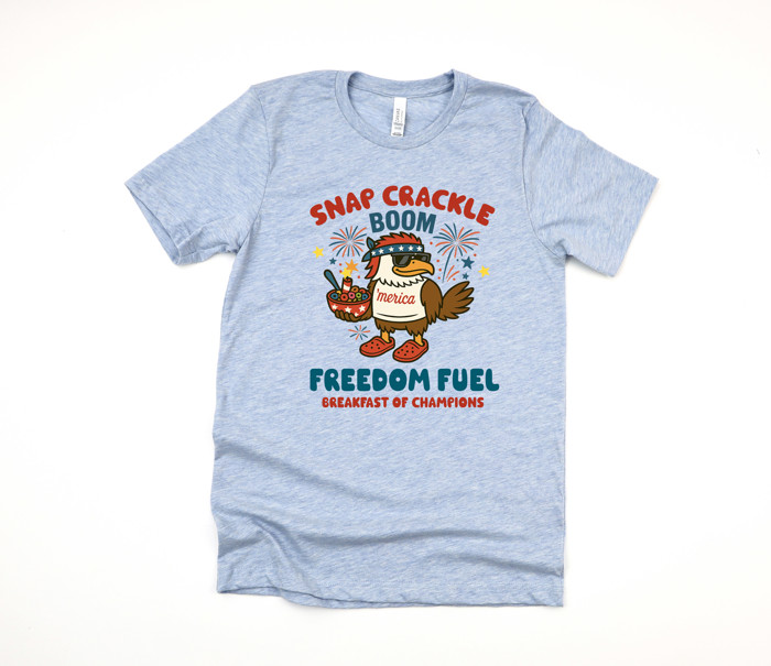 SNAP CRACKLE BOOM | FREEDOM FUEL BREAKFAST OF CHAMPIONS | AMERICAN SPIRIT IN EVERY BITE Soft Cozy Longer Length Unisex Graphic Tee T-shirt