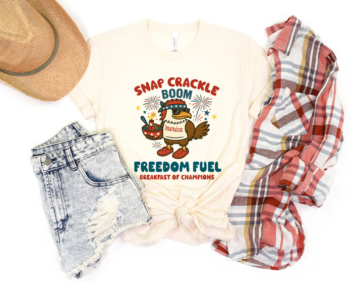 SNAP CRACKLE BOOM | FREEDOM FUEL BREAKFAST OF CHAMPIONS | AMERICAN SPIRIT IN EVERY BITE Soft Cozy Longer Length Unisex Graphic Tee T-shirt