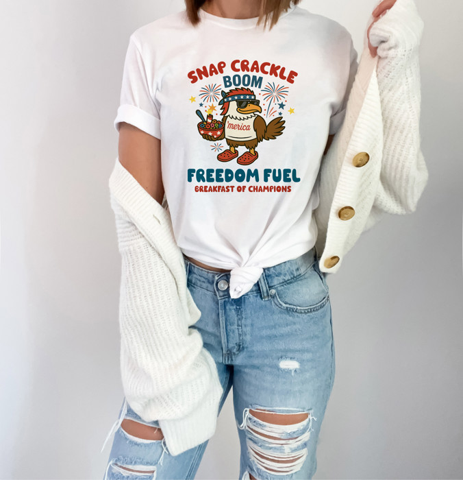 SNAP CRACKLE BOOM | FREEDOM FUEL BREAKFAST OF CHAMPIONS | AMERICAN SPIRIT IN EVERY BITE Soft Cozy Longer Length Unisex Graphic Tee T-shirt