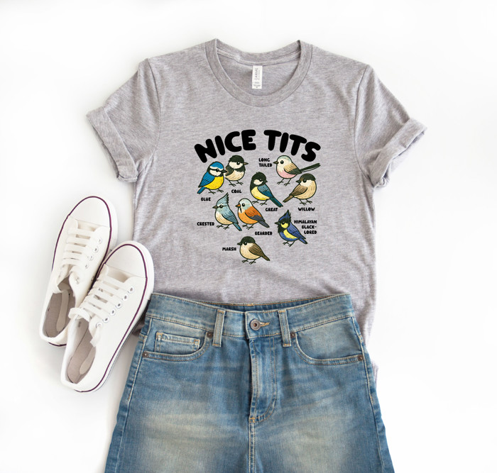 NICE TITS | A Whimsical Gathering of Feathered Friends Soft Cozy Longer Length Unisex Graphic Tee T-shirt