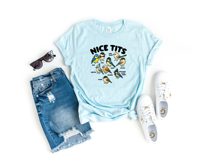 NICE TITS | A Whimsical Gathering of Feathered Friends Soft Cozy Longer Length Unisex Graphic Tee T-shirt