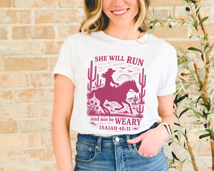 SHE WILL RUN and not be WEARY ISAIAH 40:31 | Unstoppable Spirit on the Horizon Soft Cozy Longer Length Unisex Graphic Tee T-shirt