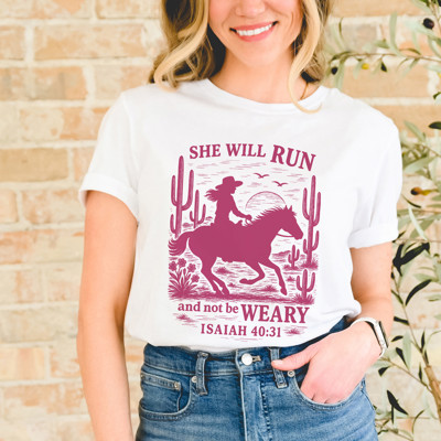 SHE WILL RUN and not be WEARY ISAIAH 40:31 | Unstoppable Spirit on the Horizon Soft Cozy Longer Length Unisex Graphic Tee T-shirt