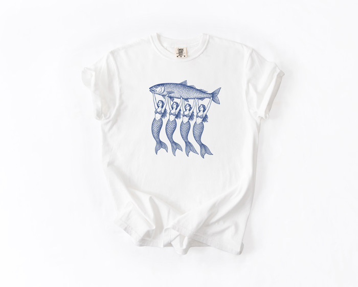 Mermaids Holding a Large Fish | A Catch of Mystical Proportions Unisex Heavyweight Comfort Tee