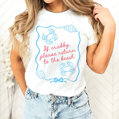 If crabby, please return to the beach | Crabby to Happy: A Beachy Reminder Soft Cozy Longer Length Unisex Graphic Tee T-shirt