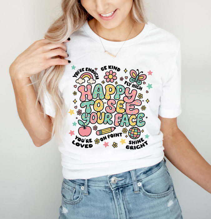HAPPY TO SEE YOUR FACE | A Joyful Celebration of You Soft Cozy Longer Length Unisex Graphic Tee T-shirt
