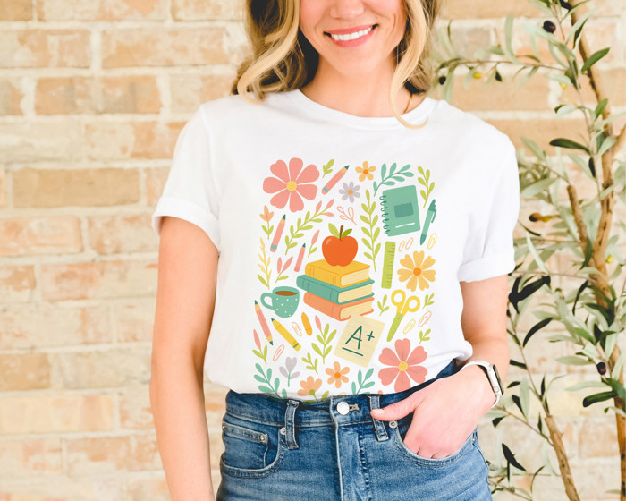 Folk Art Style Teacher Tee A+ | Blooms of Knowledge Soft Cozy Longer Length Unisex Graphic Tee T-shirt