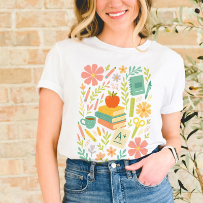 Folk Art Style Teacher Tee A+ | Blooms of Knowledge Soft Cozy Longer Length Unisex Graphic Tee T-shirt