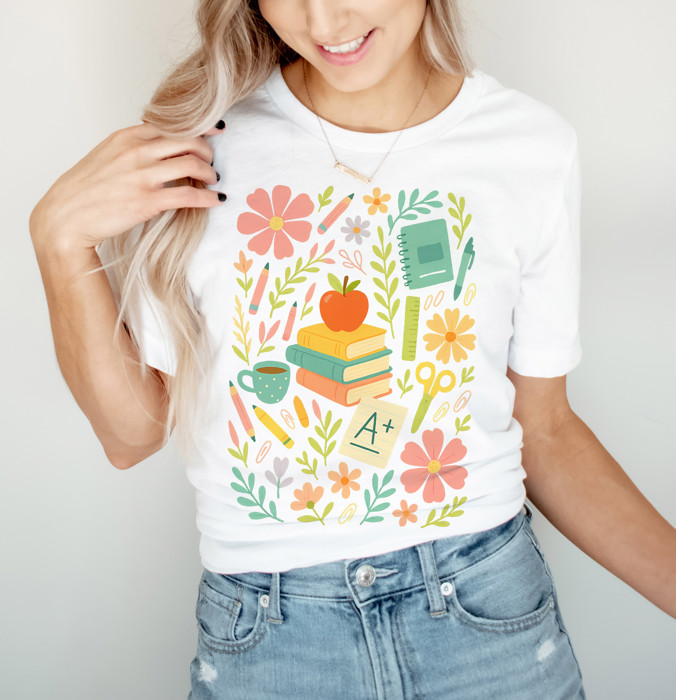 Folk Art Style Teacher Tee A+ | Blooms of Knowledge Soft Cozy Longer Length Unisex Graphic Tee T-shirt