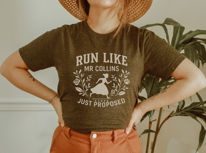 RUN LIKE MR COLLINS | A Runaway Pride And Prejudice Love Story Soft Cozy Longer Length Unisex Graphic Tee T-shirt