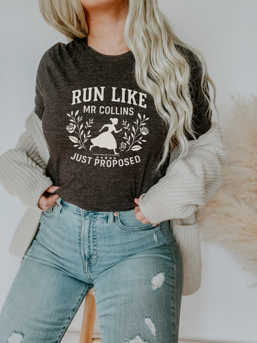 RUN LIKE MR COLLINS | A Runaway Pride And Prejudice Love Story Soft Cozy Longer Length Unisex Graphic Tee T-shirt
